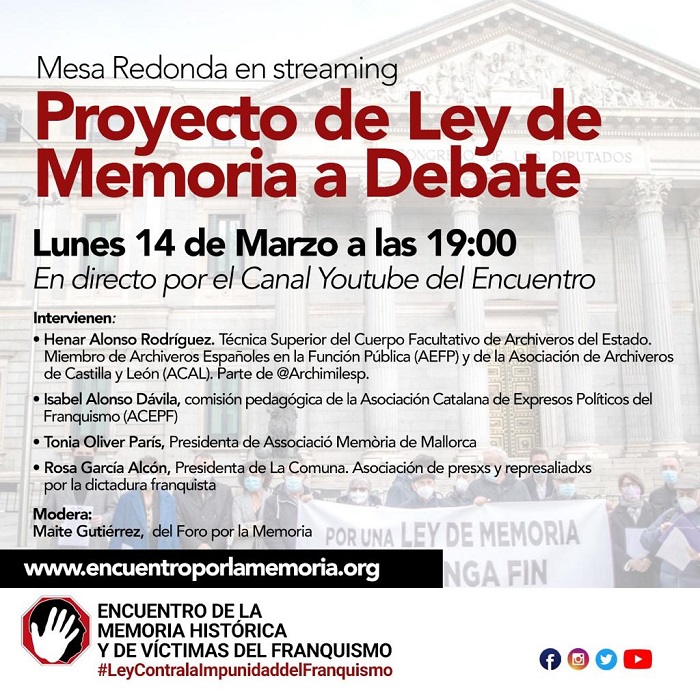 PROYECTO DE LEY DE MEMORIA A DEBATE (LUNES 14 MARZO 19.00 H.)