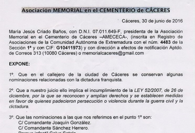 AMECECA INSTA AL CONSISTORIO CACEREÑO A ELIMINAR LOS ÚLTIMOS VESTIGIOS DEL FRANQUISMO EN EL CALLEJERO DE LA CIUDAD (30-VI-2016)